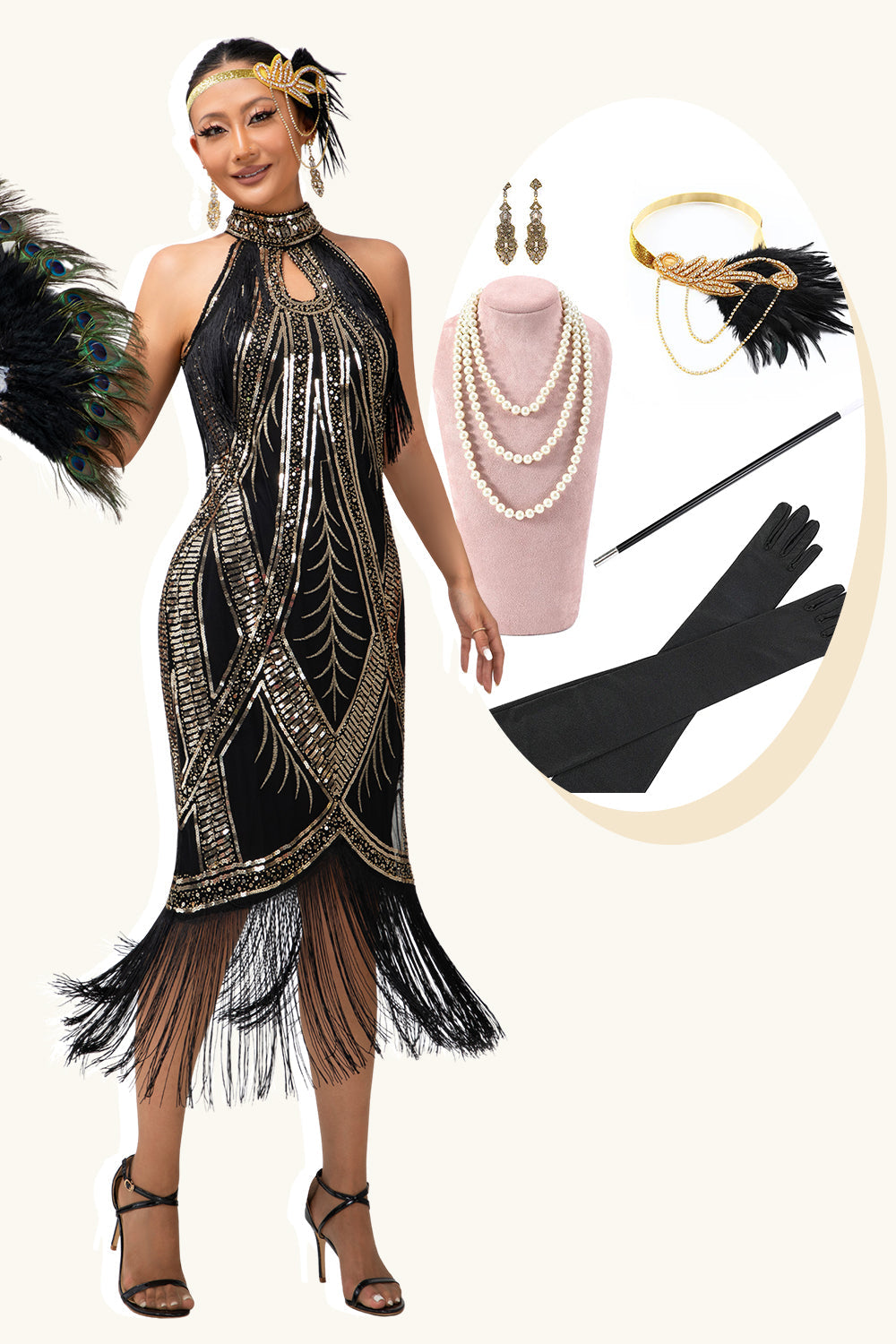 Sparkly Black Golden Halter Fringed Gatsby 1920s Dress with 5 Piece Accessory Set