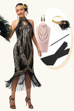 Sparkly Black Golden Halter Fringed Gatsby 1920s Dress with 5 Piece Accessory Set