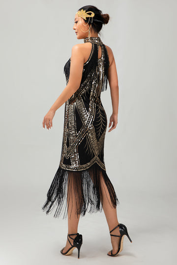 Sparkly Black Golden Halter Fringed Gatsby 1920s Dress with 5 Piece Accessory Set