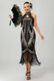 Sparkly Black Golden Halter Fringed Gatsby 1920s Dress with 5 Piece Accessory Set