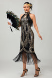Sparkly Black Golden Halter Fringed Gatsby 1920s Dress with 5 Piece Accessory Set
