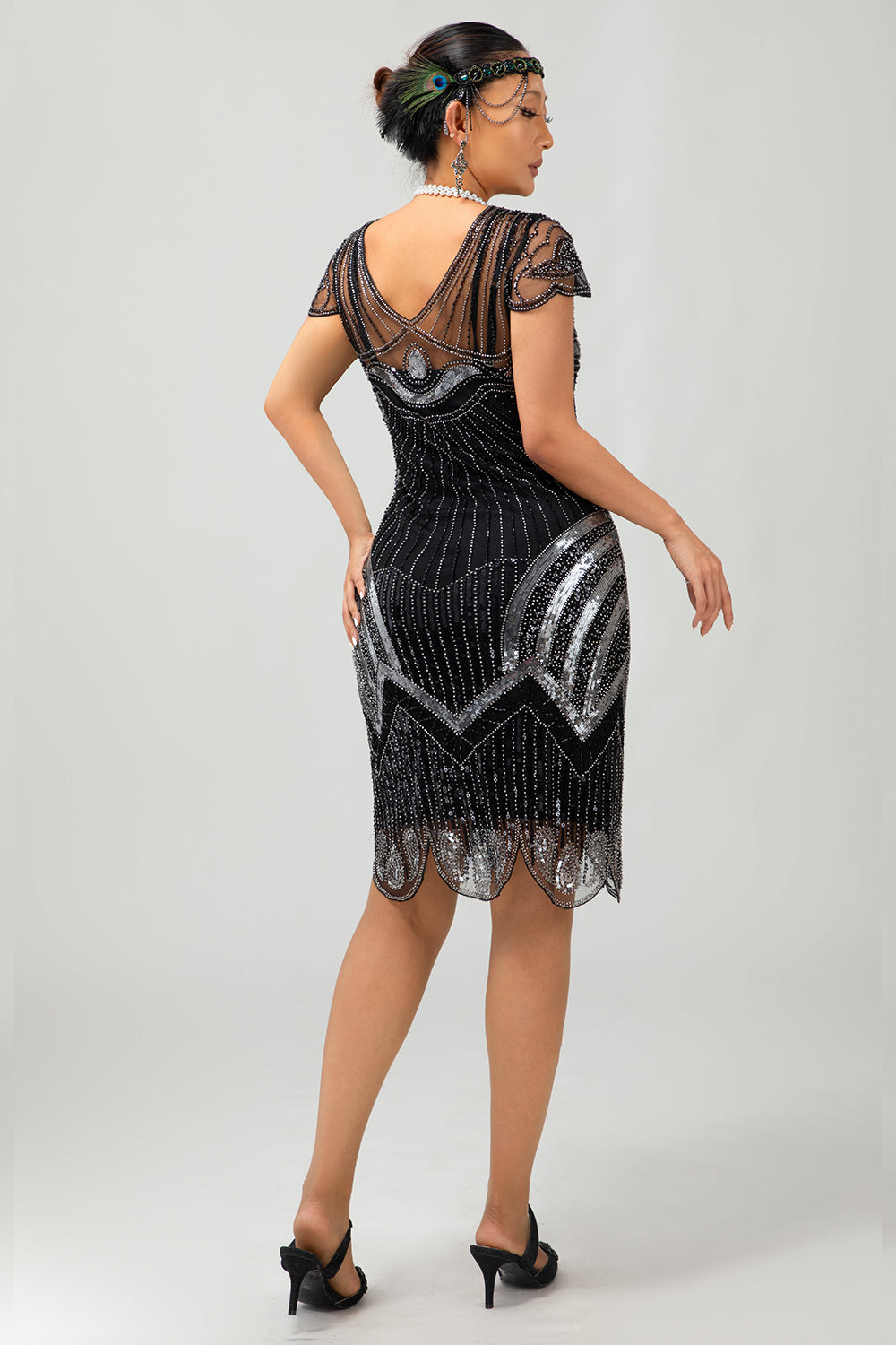 Sparkly Sequins Black Silver Beaded Midi 1920s Dress with 5 Piece Accessory Set