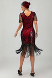 Sparkly Black Red Fringed Sequins Midi 1920s Dress with Accessories Set