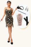 Sparkly Black Golden Spaghetti Straps Sequins 1920s Dress with Accessories Set