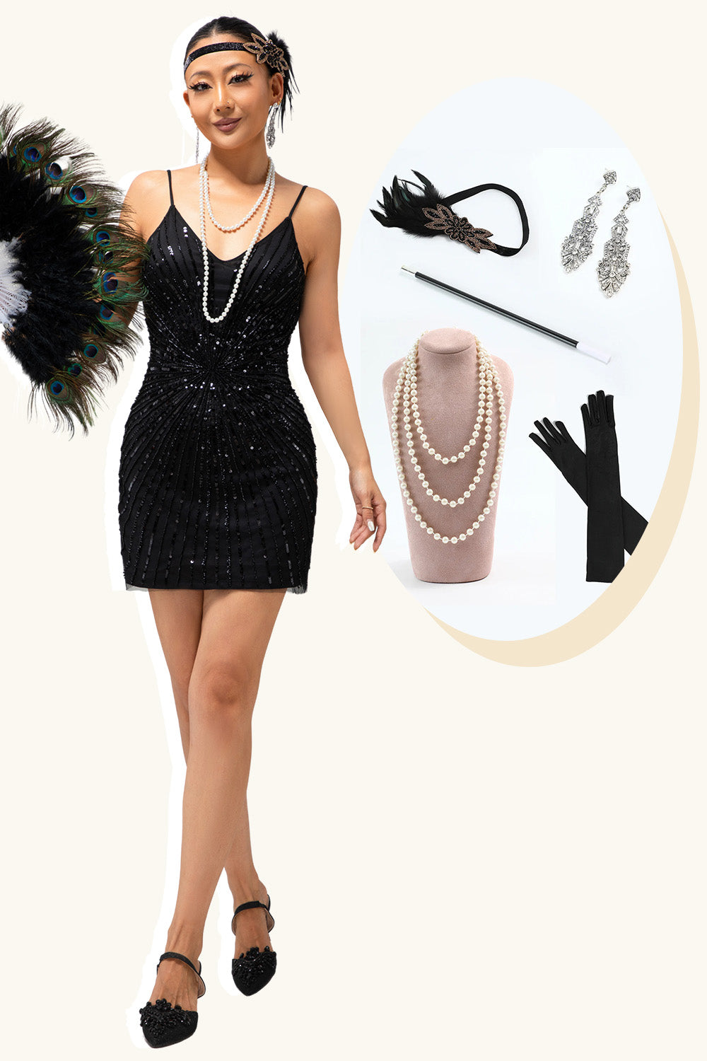 Sparkly Black Spaghetti Straps Sequins 1920s Dress with 5-Piece Accessories Set