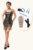 Sparkly Black Golden Fringe Sequins 1920s Dress with 5-Piece Accessories Set
