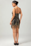 Sparkly Black Golden Fringe Sequins 1920s Dress with 5-Piece Accessories Set
