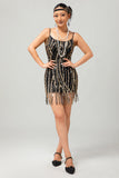 Sparkly Black Golden Fringe Sequins 1920s Dress with 5-Piece Accessories Set