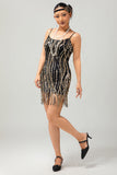 Sparkly Black Golden Fringe Sequins 1920s Dress with 5-Piece Accessories Set