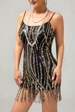 Sparkly Black Golden Fringe Sequins 1920s Dress with 5-Piece Accessories Set