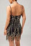 Sparkly Black Golden Fringe Sequins 1920s Dress with 5-Piece Accessories Set