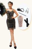 Sparkly Black Golden Sequins Bodycon 1920s Dress with 5-Piece Accessories Set
