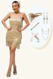 Sparkly Champagne Fringed Short 1920s Dress with 5-Piece Accessories Set