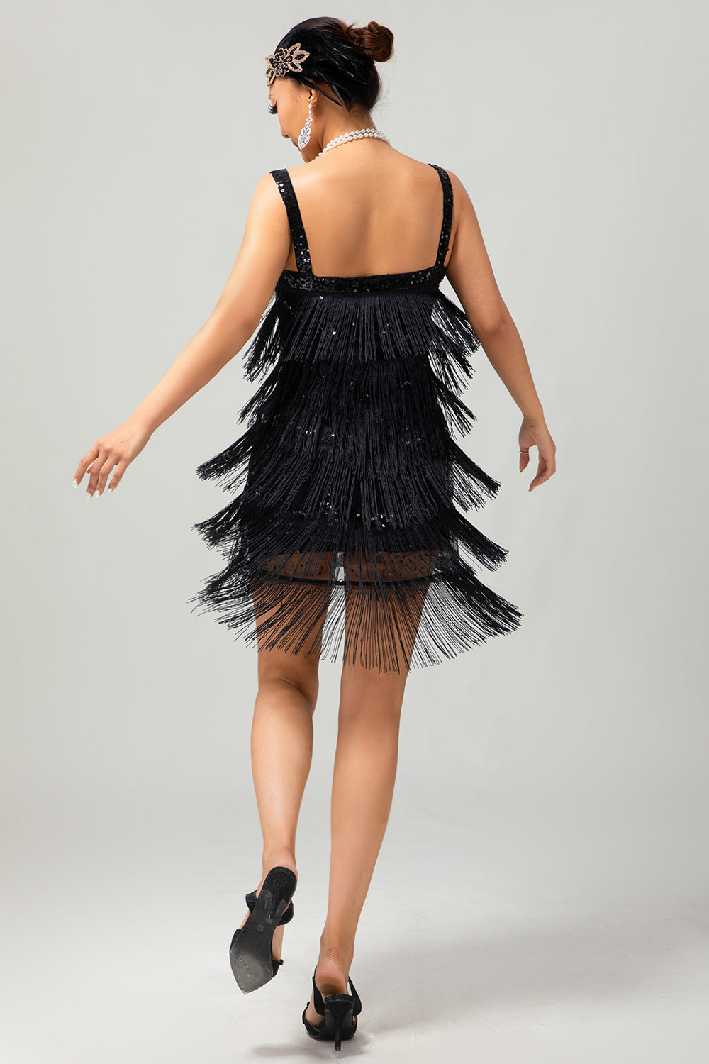 Sparkly Black Fringed Bodycon Short 1920s Dress with 5-Piece Accessories Set