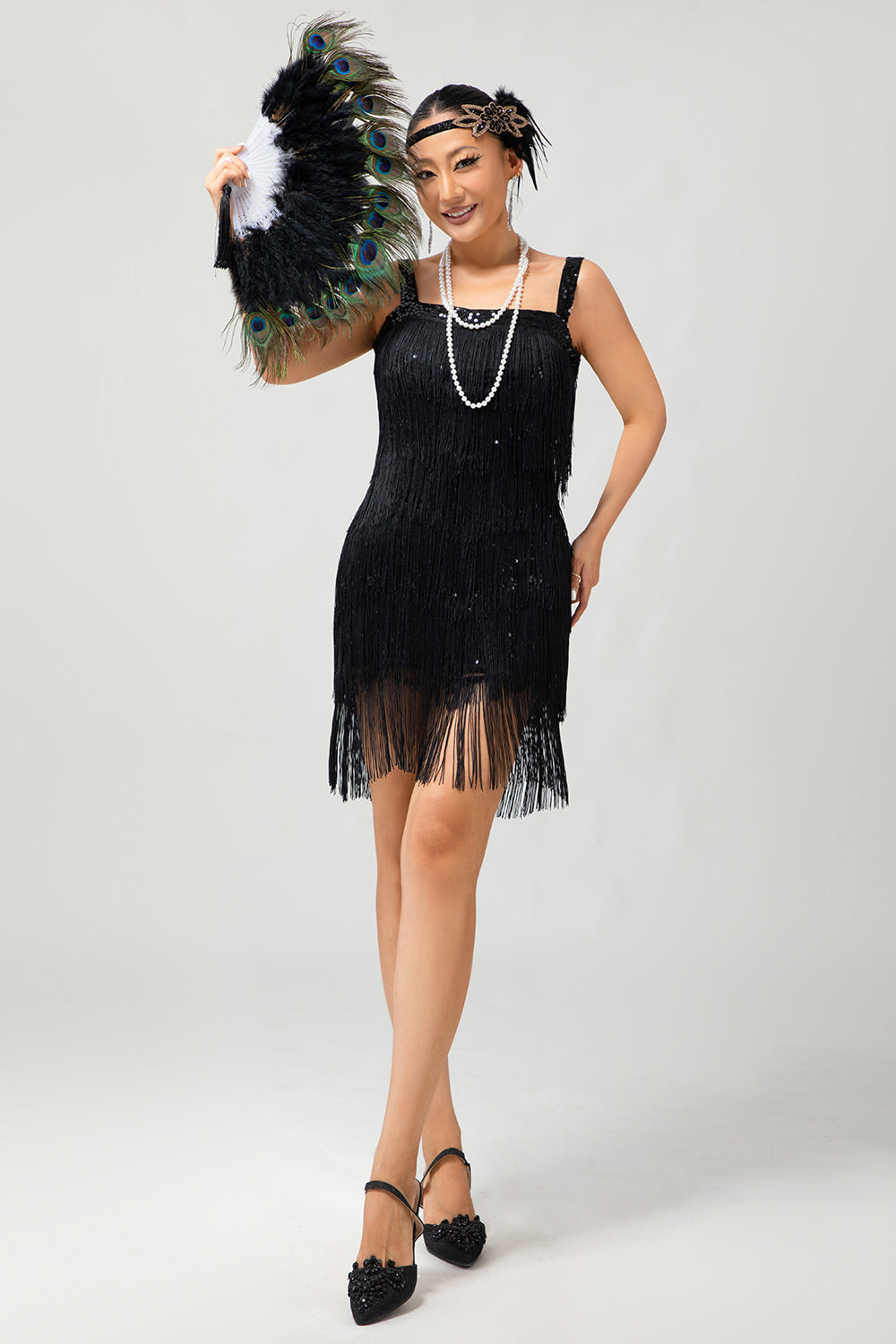 Sparkly Black Fringed Bodycon Short 1920s Dress with 5-Piece Accessories Set