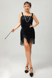 Sparkly Black Fringed Bodycon Short 1920s Dress with 5-Piece Accessories Set