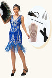 Sparkly Royal Blue Sequins Fringed 1920s Dress with 5-Piece Accessories Set