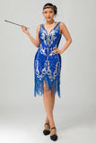 Sparkly Royal Blue Sequins Fringed 1920s Dress with 5-Piece Accessories Set