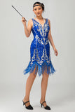 Sparkly Royal Blue Sequins Fringed 1920s Dress with 5-Piece Accessories Set