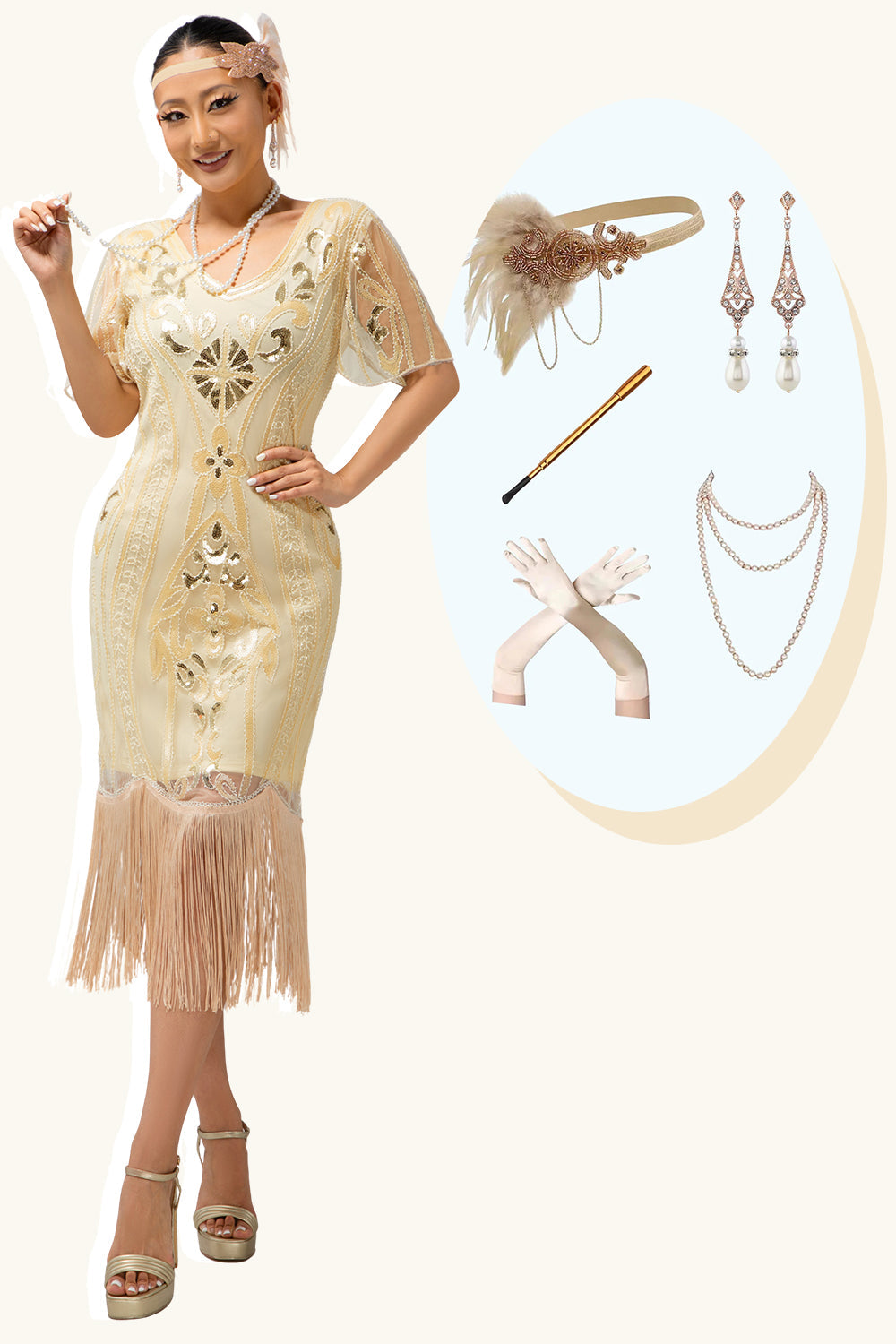 Sparkly Apricot Fringed Gatsby Midi 1920s Dress with 5-Piece Accessories Set