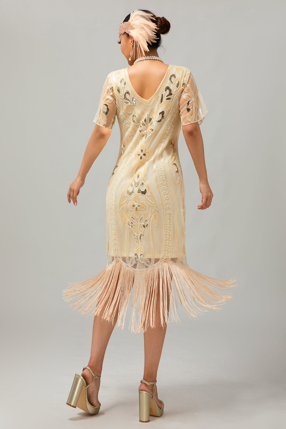 Sparkly Apricot Fringed Gatsby Midi 1920s Dress with 5-Piece Accessories Set