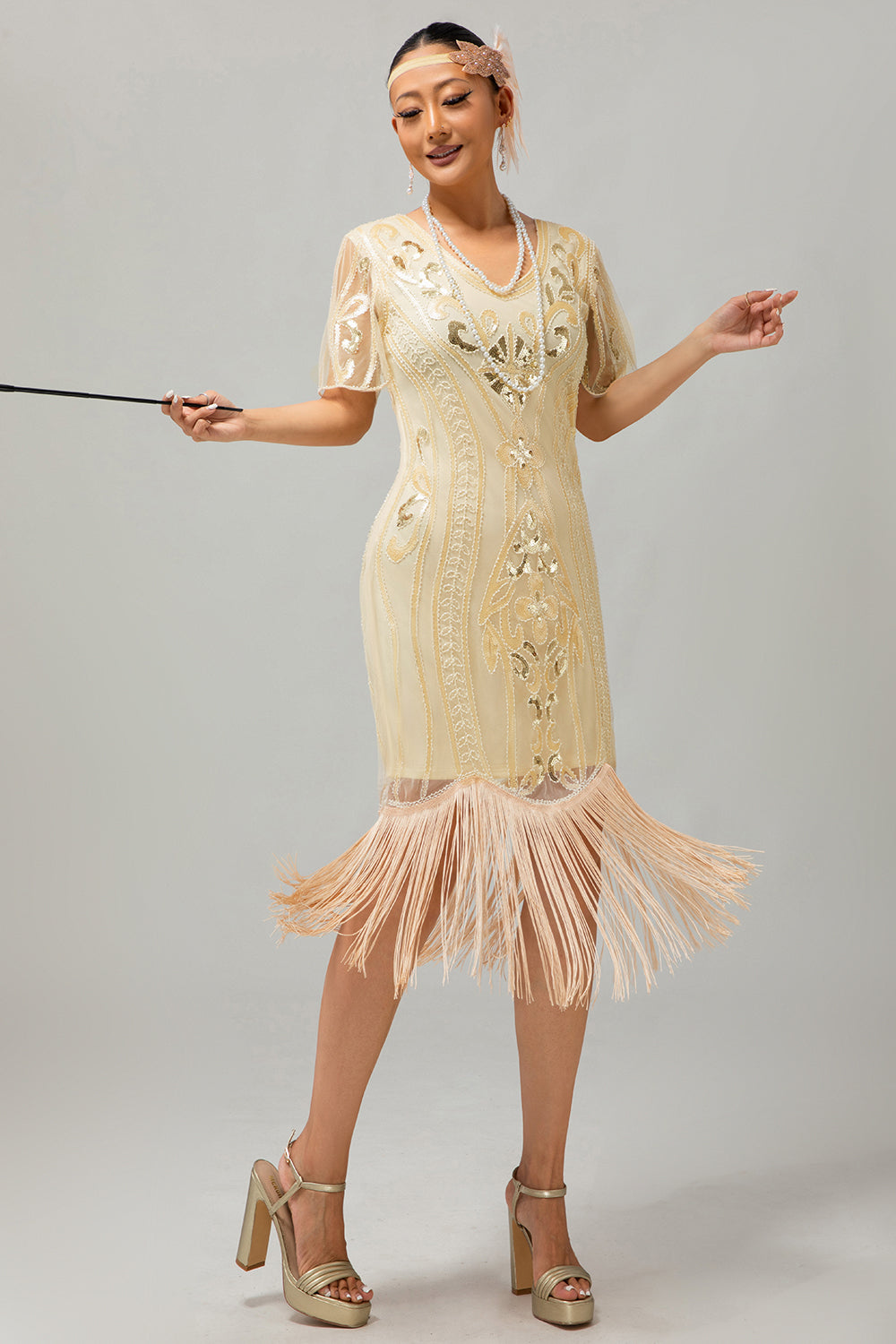 Sparkly Apricot Fringed Gatsby Midi 1920s Dress with 5-Piece Accessories Set