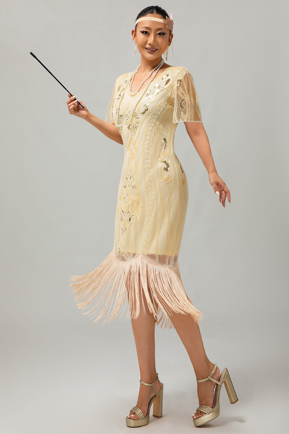 Sparkly Apricot Fringed Gatsby Midi 1920s Dress with 5-Piece Accessories Set