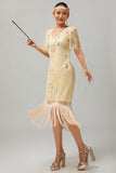 Sparkly Apricot Fringed Gatsby Midi 1920s Dress with 5-Piece Accessories Set
