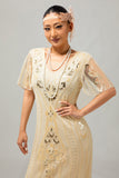Sparkly Apricot Fringed Gatsby Midi 1920s Dress with 5-Piece Accessories Set
