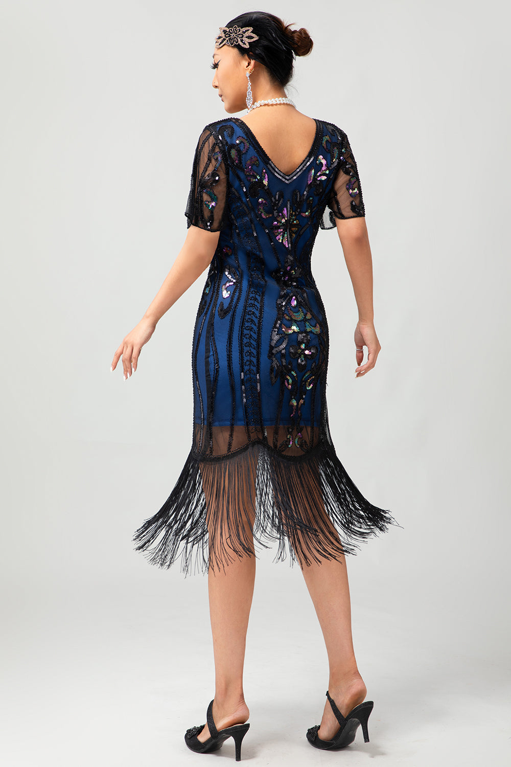 Sparkly Black Blue Sequins Fringed Midi 1920s Dress with 5-Piece Accessories Set