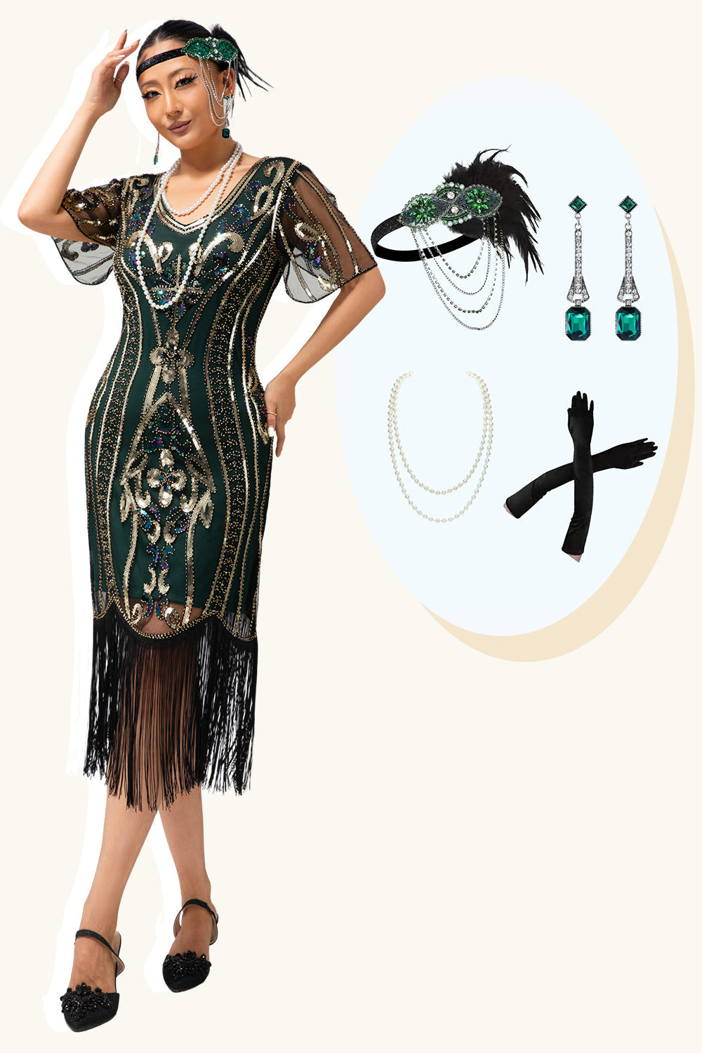 Sparkly Dark Green Sequins Fringed 1920s Dress with 4-Piece Accessories Set