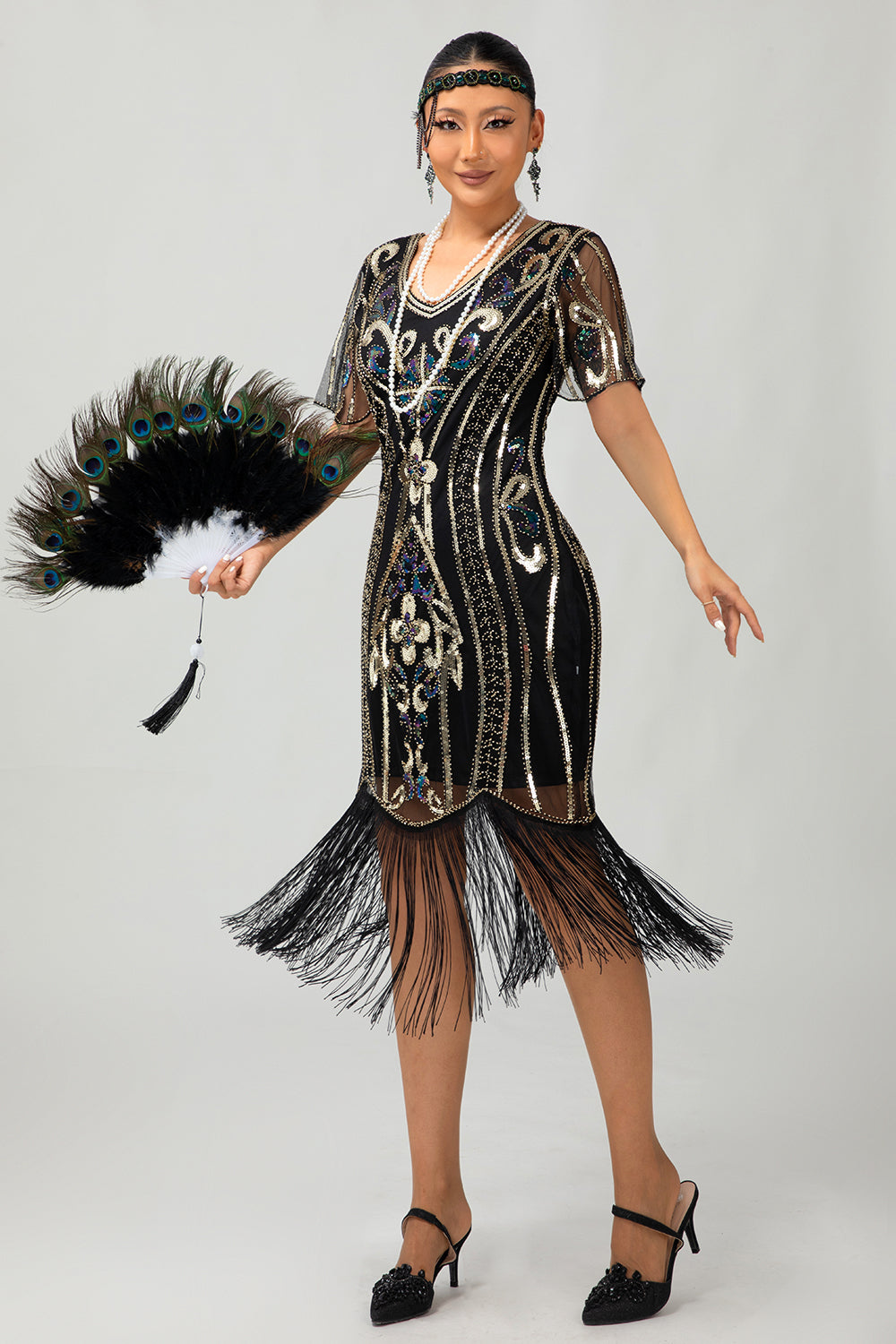 Sparkly Dark Green Sequins Fringed 1920s Dress with 4-Piece Accessories Set