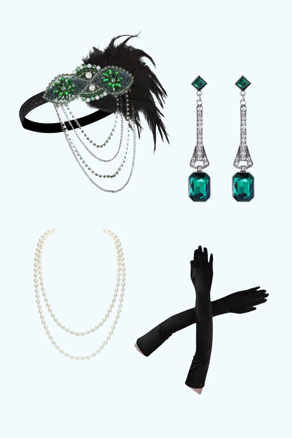 Sparkly Green Golden Beaded Fringed 1920s Dress with 4-Piece Accessories Set