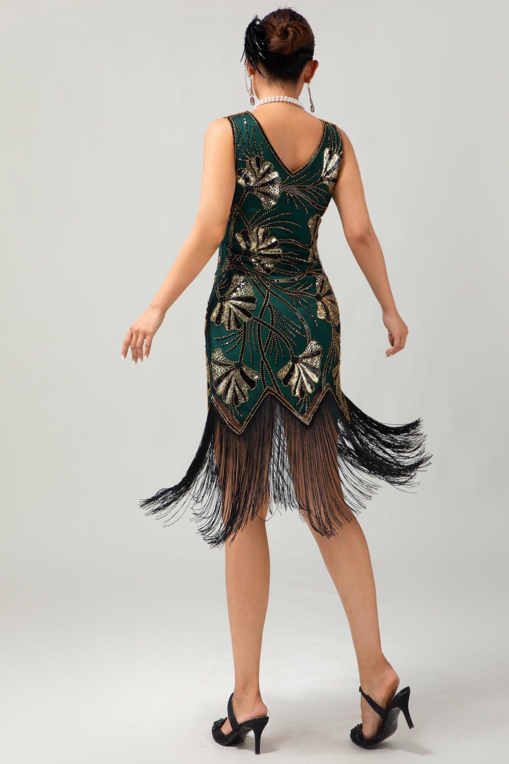 Sparkly Green Golden Beaded Fringed 1920s Dress with 4-Piece Accessories Set