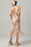 Sparkly Champagne Sequins Halter Fringed 1920s Dress with 5-Piece Accessories Set