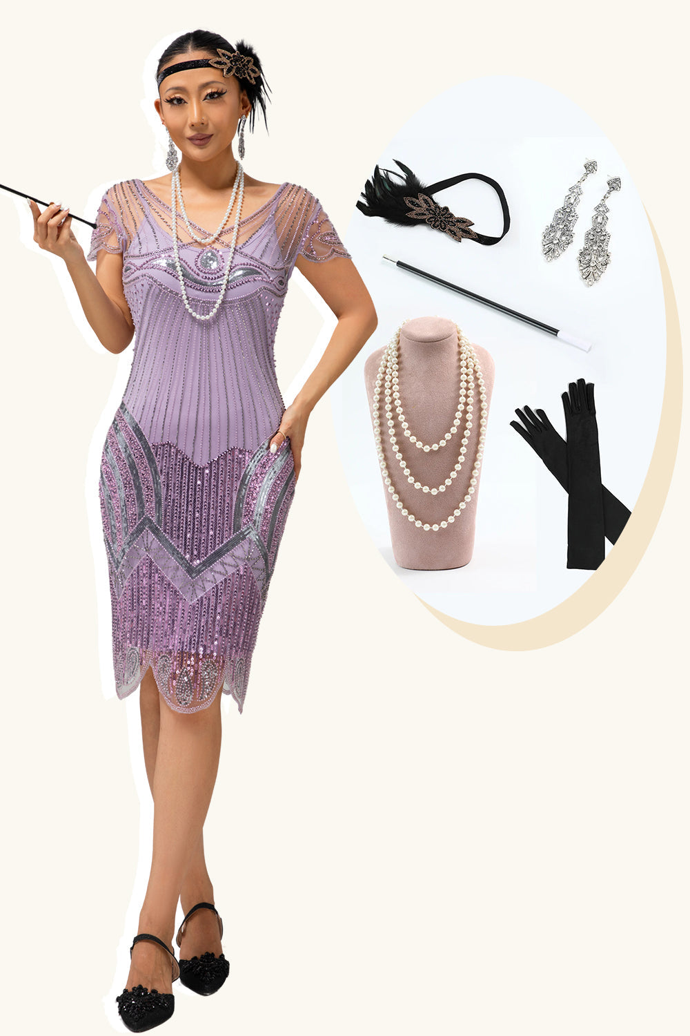 Sparkly Purple Sequins Gatsby Midi 1920s Dress with 5-Piece Accessories Set