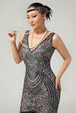 Black Apricot Bodycon Fringed Sequin 1920s Dress With 5-Piece Accessories Set