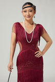 Bodycon Sequin Burgundy Tiered Fringed Sequin 1920s Dress with 5-Piece Accessories Set