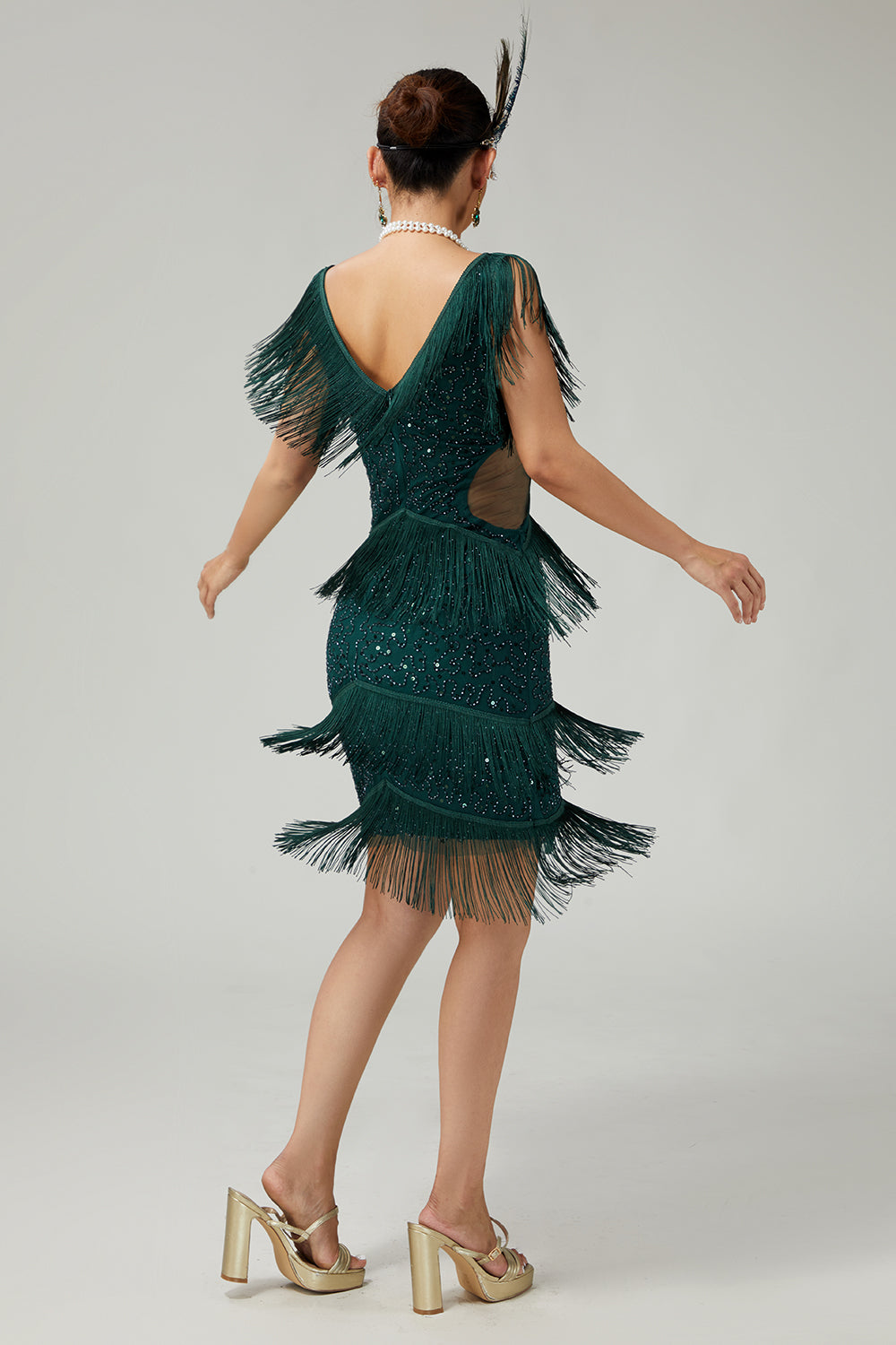 Dark Green Sequin Bodycon Tiered Fringed 1920s Dress with With 5-Piece Accessories Set