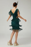 Dark Green Sequin Bodycon Tiered Fringed 1920s Dress with With 5-Piece Accessories Set