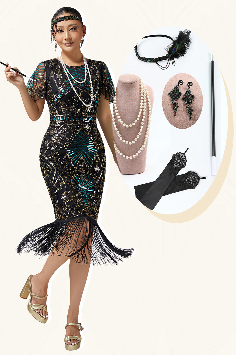 Black Blue Sequin Bodycon Fringed 1920s Dress with with 5-Piece Accessories Set