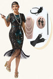 Black Blue Sequin Bodycon Fringed 1920s Dress with with 5-Piece Accessories Set