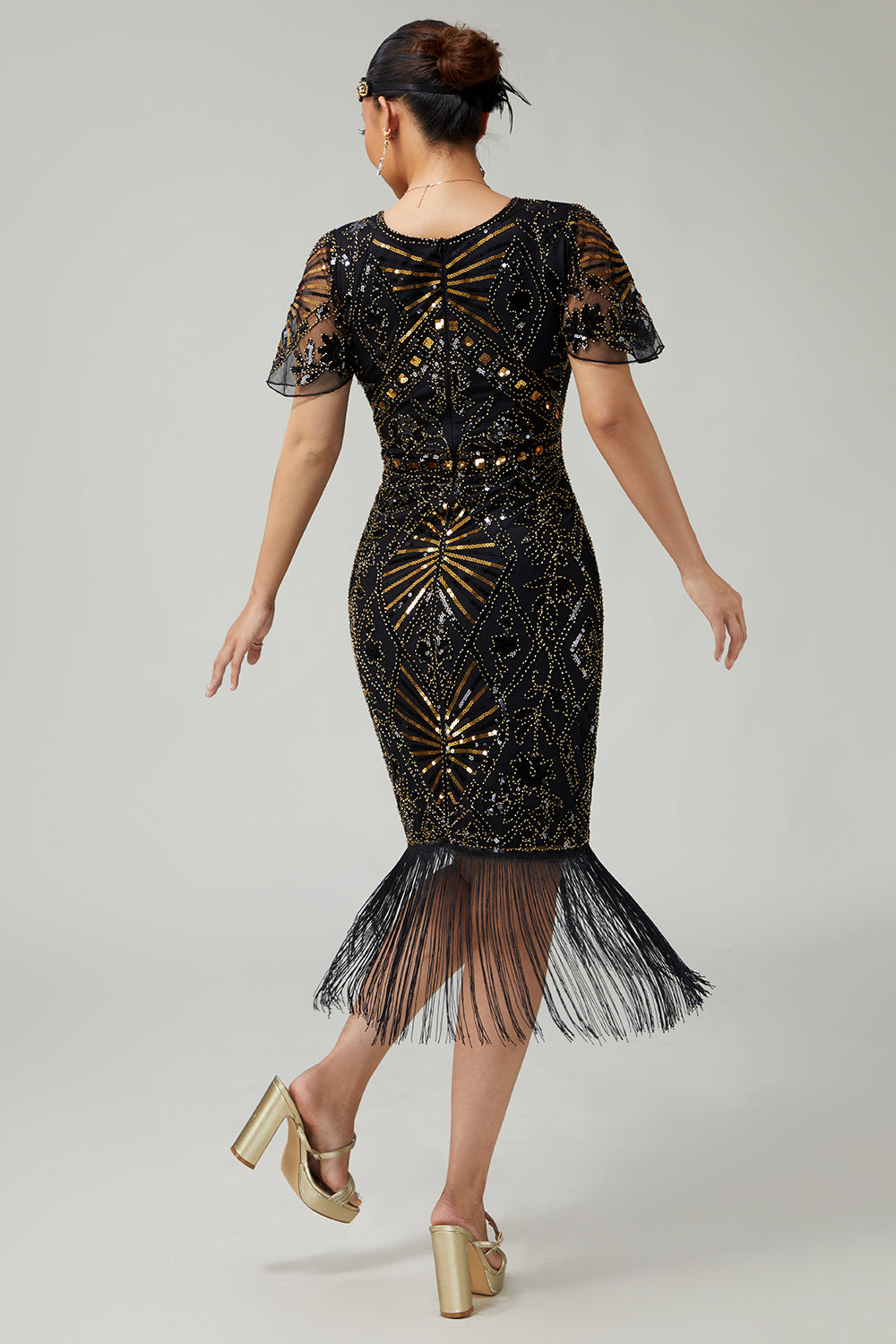 Black Golden Bodycon Fringed Sequin 1920s Dress With 5-Piece Accessories Set