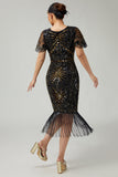 Black Golden Bodycon Fringed Sequin 1920s Dress With 5-Piece Accessories Set