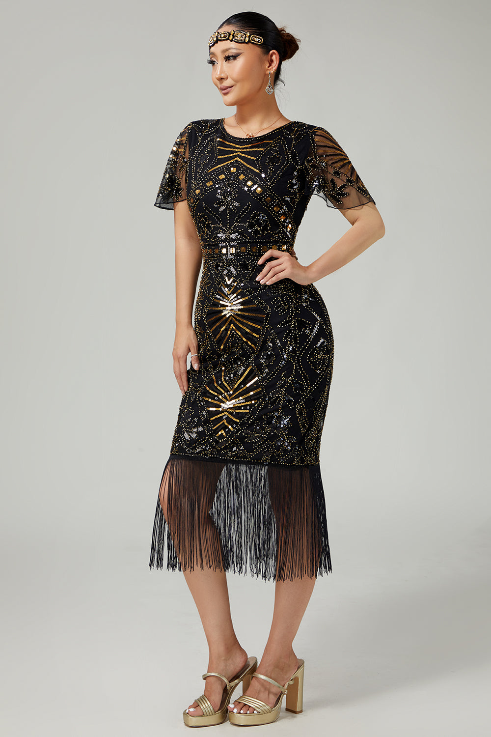 Black Golden Bodycon Fringed Sequin 1920s Dress With 5-Piece Accessories Set