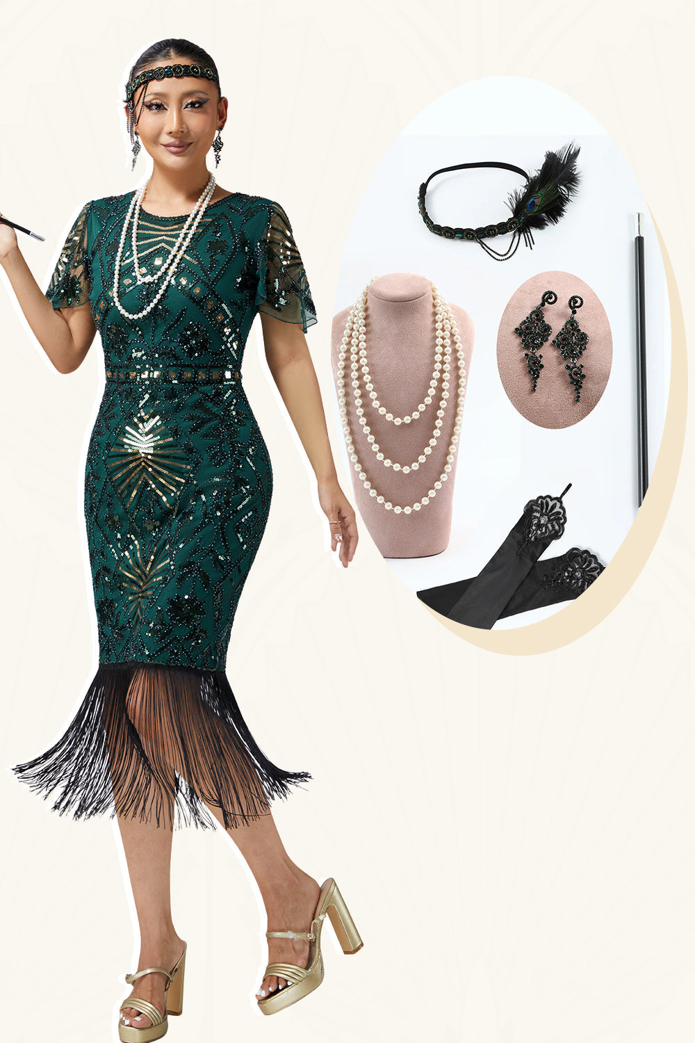 Bodycon Sequin Dark Green Fringed 1920s Dress With 5-Piece Accessories Set