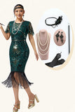 Bodycon Sequin Dark Green Fringed 1920s Dress With 5-Piece Accessories Set