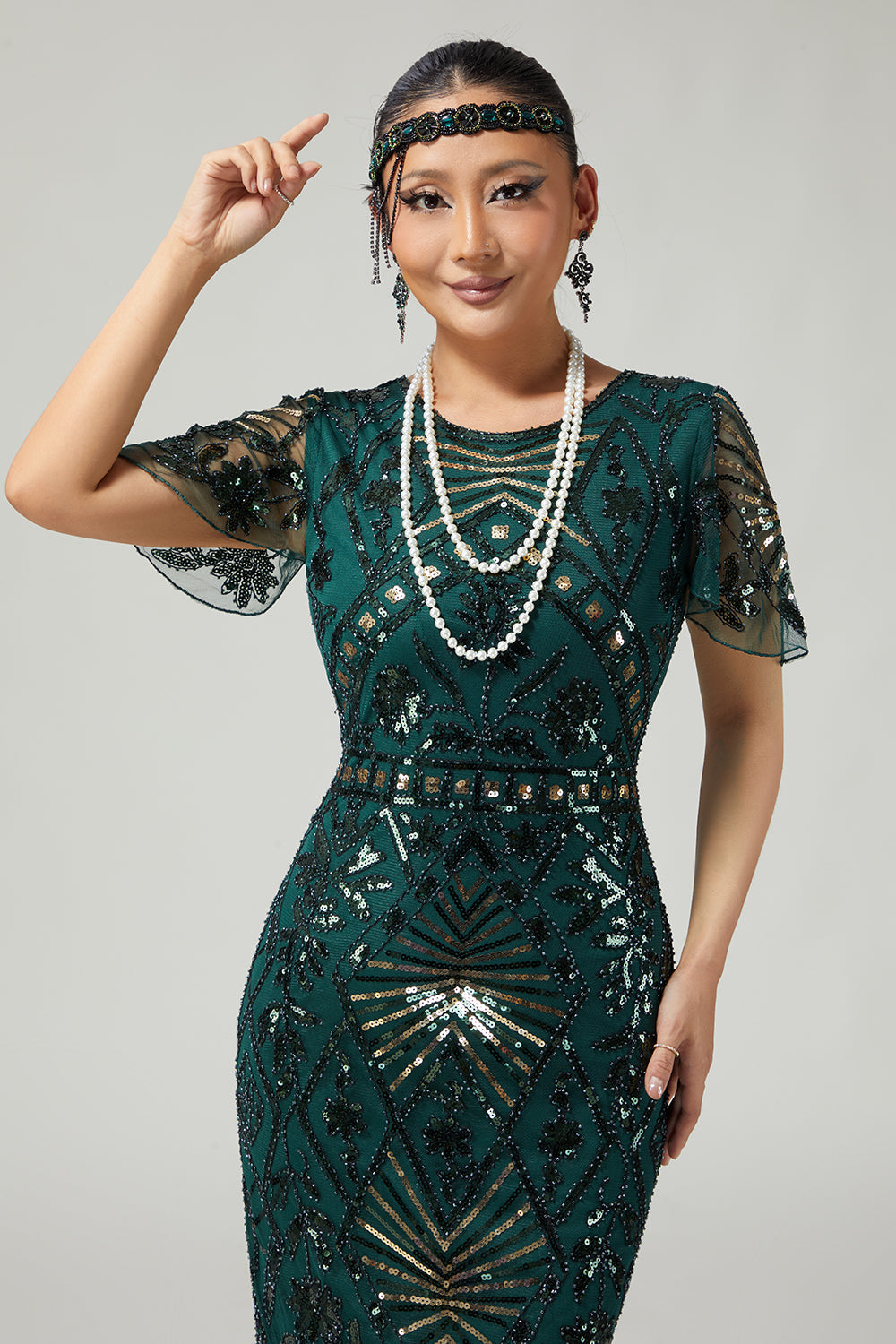 Bodycon Sequin Dark Green Fringed 1920s Dress With 5-Piece Accessories Set