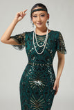 Bodycon Sequin Dark Green Fringed 1920s Dress With 5-Piece Accessories Set