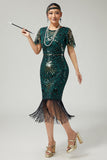 Bodycon Sequin Dark Green Fringed 1920s Dress With 5-Piece Accessories Set